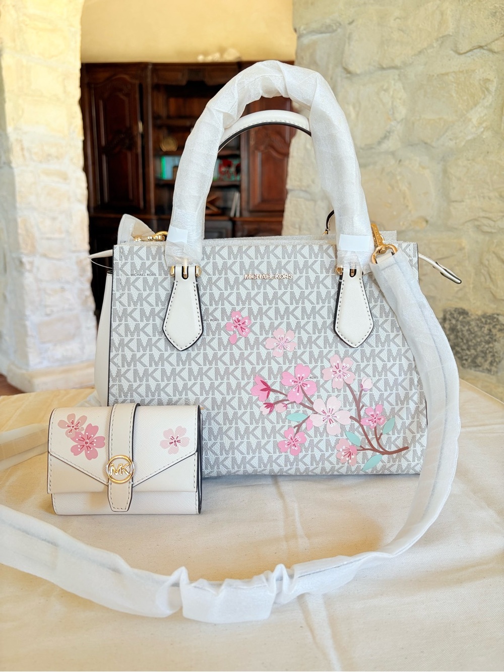 Michael Kors White Logo Satchel with Pink Floral Print and Matching Wallet